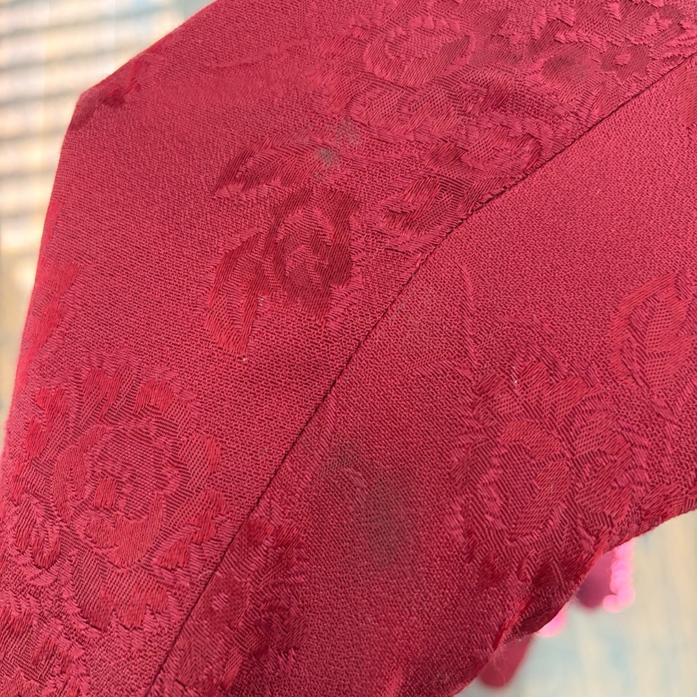 Moda International VTG 90s burgundy red floral long duster blazer size 8 - Picture 11 of 14